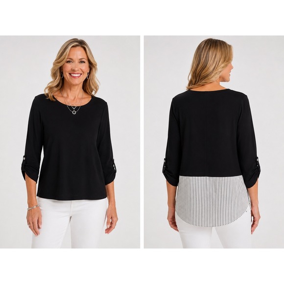 Chico's Tops - Chico's Black Layered Look Pullover Top Striped Trim Roll Tab Sleeve Size Medium